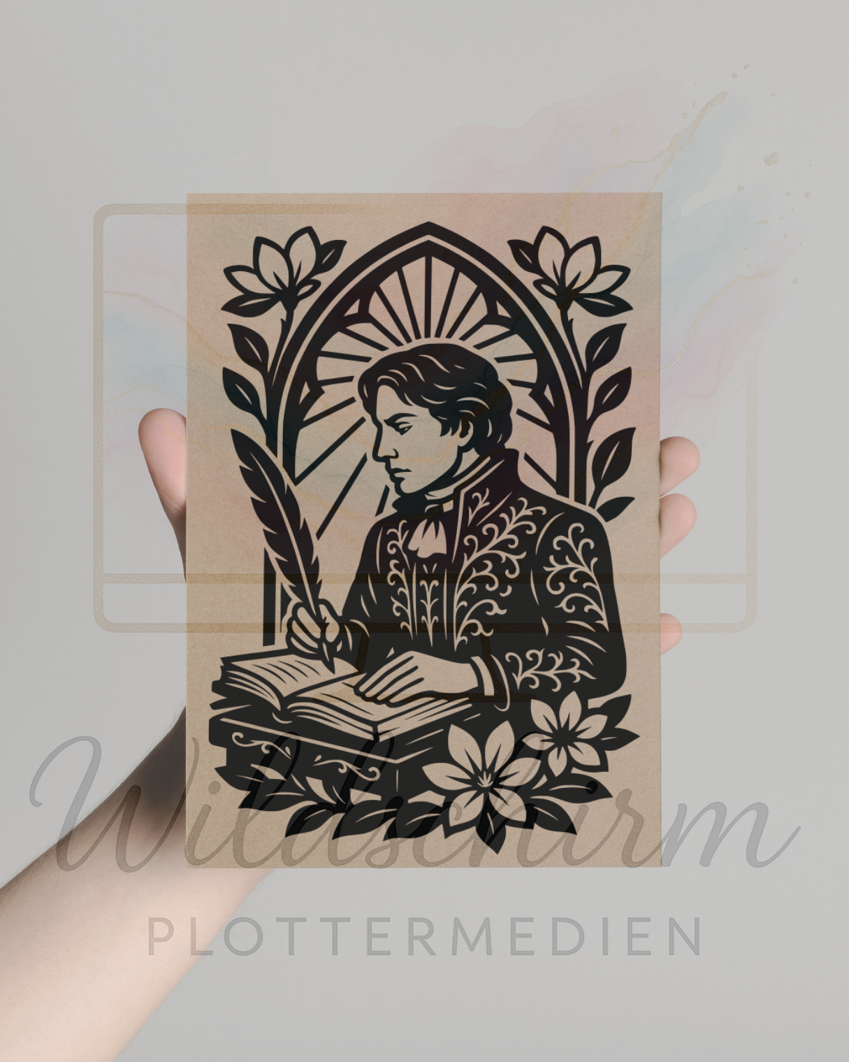 Der Dichter – Romantische Silhouette mit Feder & Buch