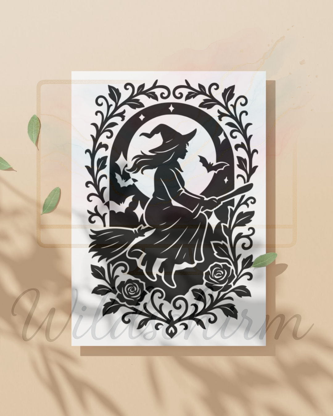 Die fliegende Hexe im Mondschein – Gothic Silhouette Witch