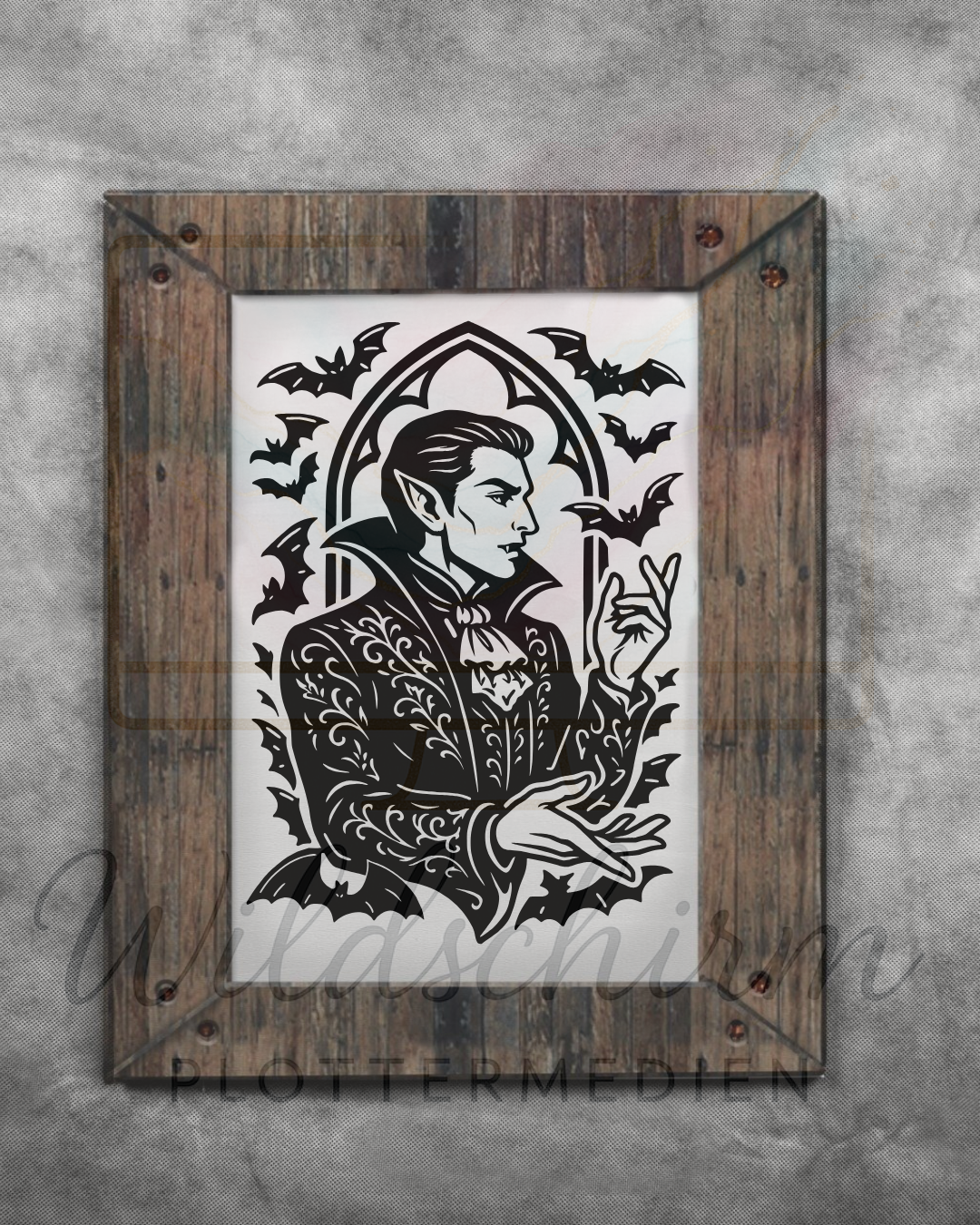 Gothic Vampir Silhouette im Profil – Line Art SVG für Plotter & Laserprojekte auf holzrahmen angewendet