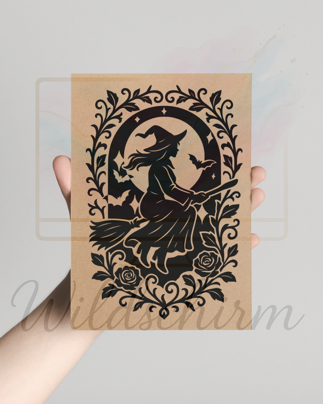 Die fliegende Hexe im Mondschein – Gothic Silhouette Witch