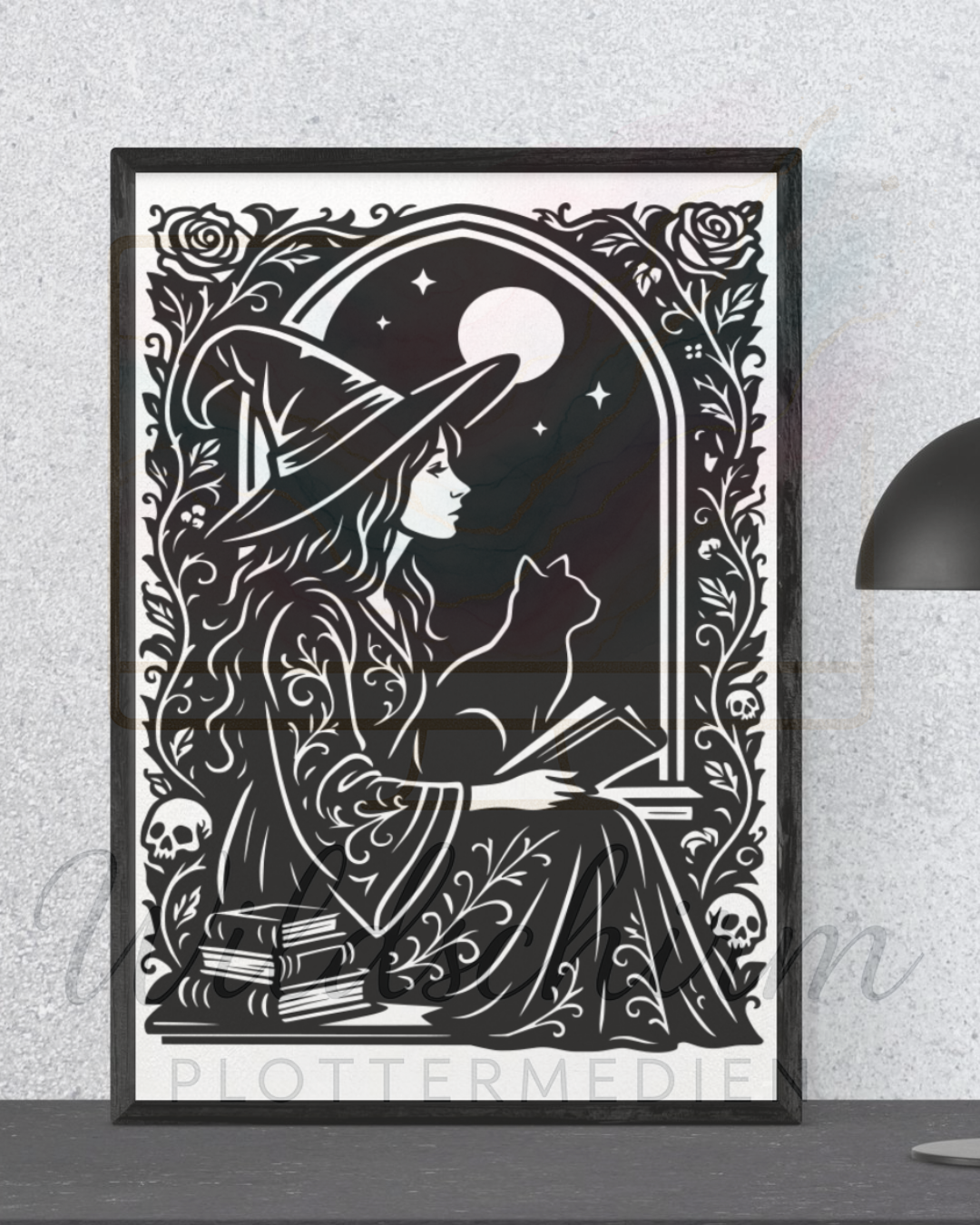 Die Hexe am Fenster – Mystische Silhouette mit Katze & Mond