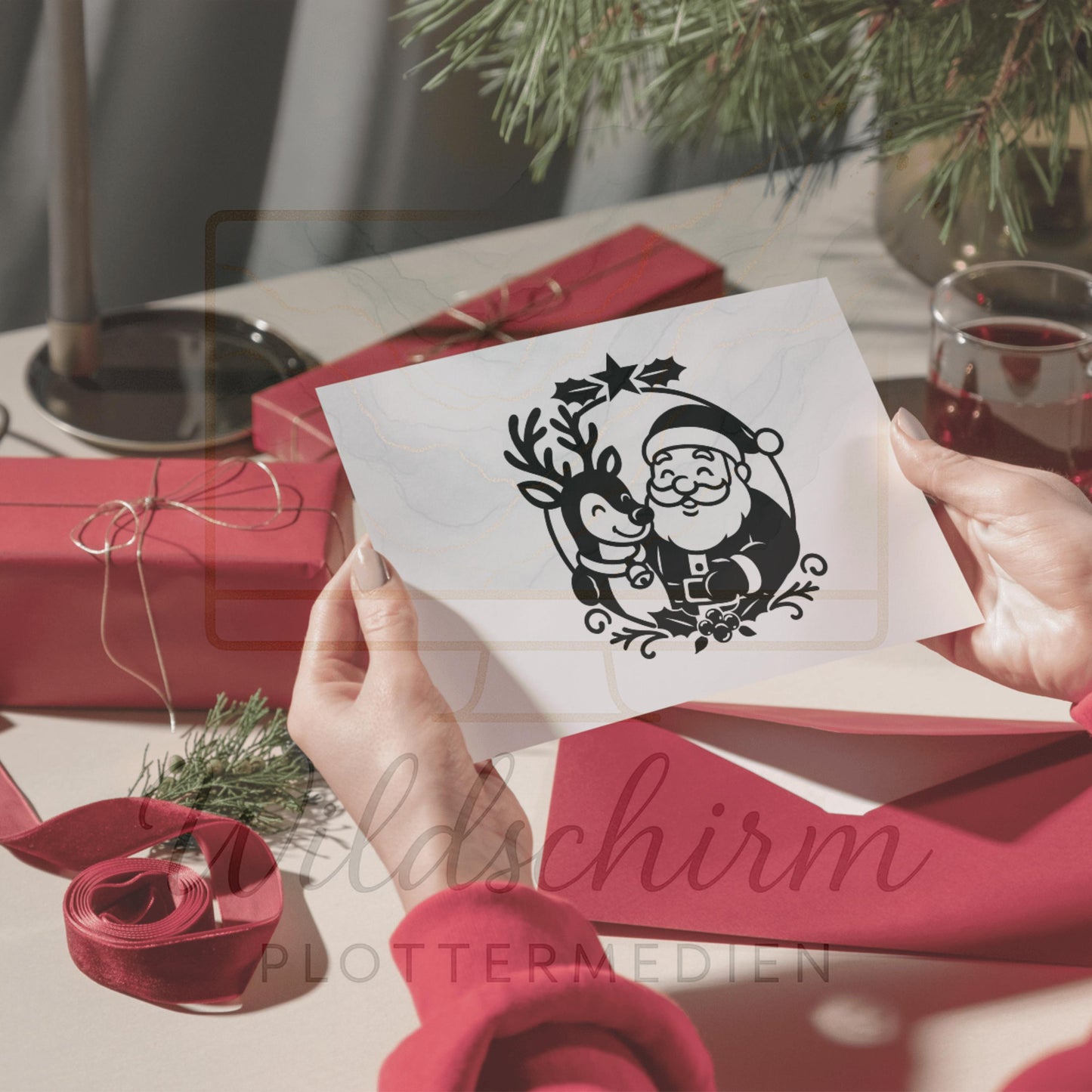 Plotterdatei Weihnachten – Weihnachtsmann mit Rentier & Stern | Santa Claus Reindeer Christmas SVG DXF PNG