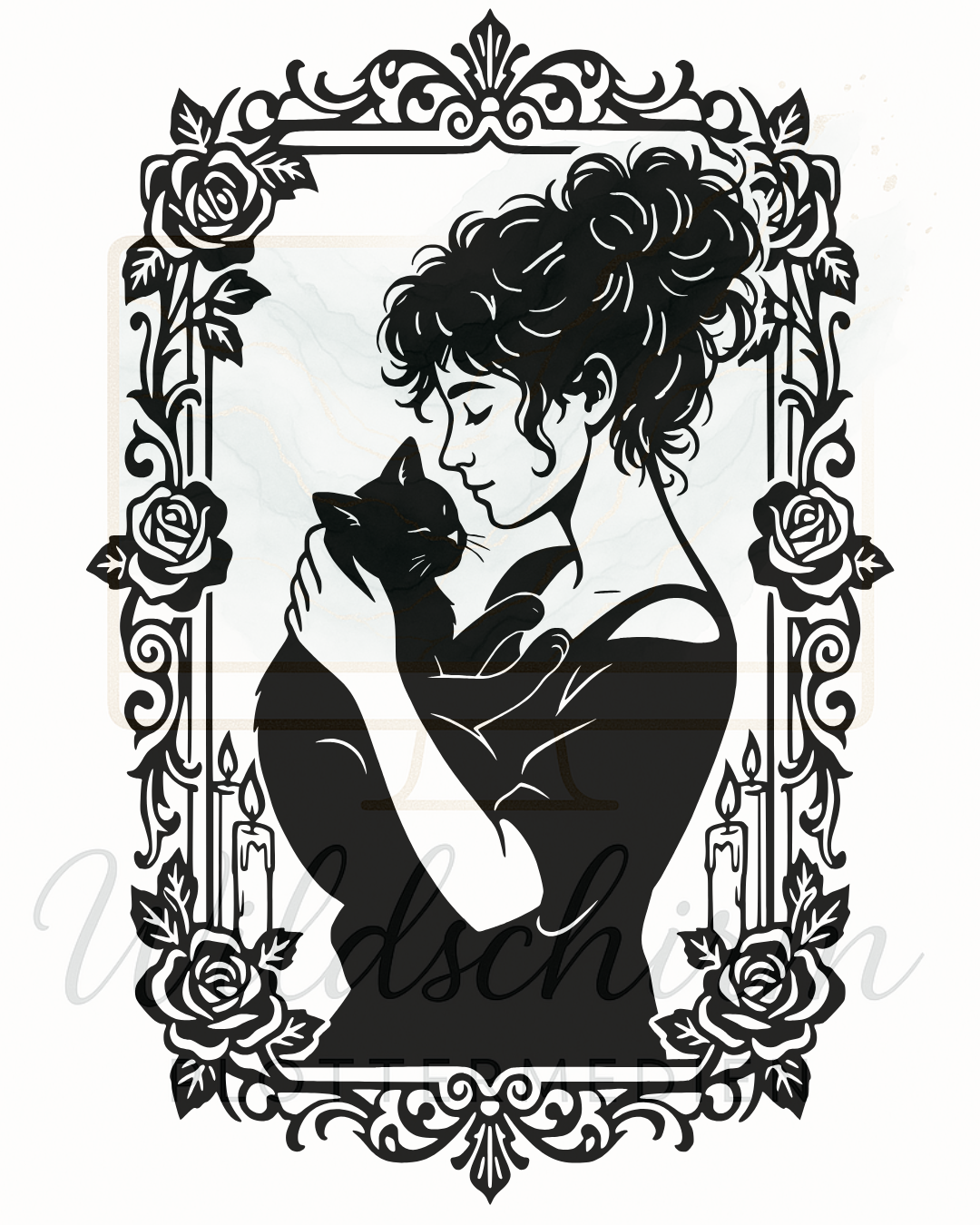 eine detailansicht von der plotterdatei. frau mit schwarzer katze auf dem arm