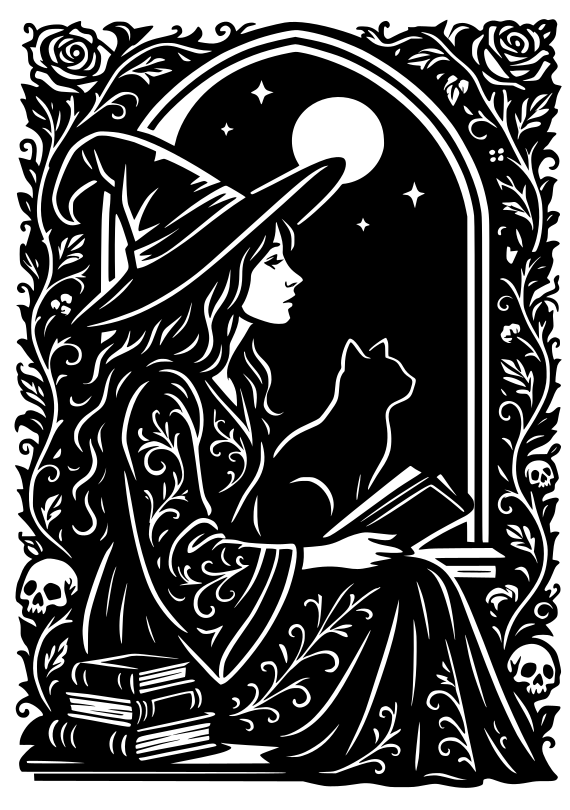 eine hexe mit einem buch schaut mt ihrer katze aus dem fenster