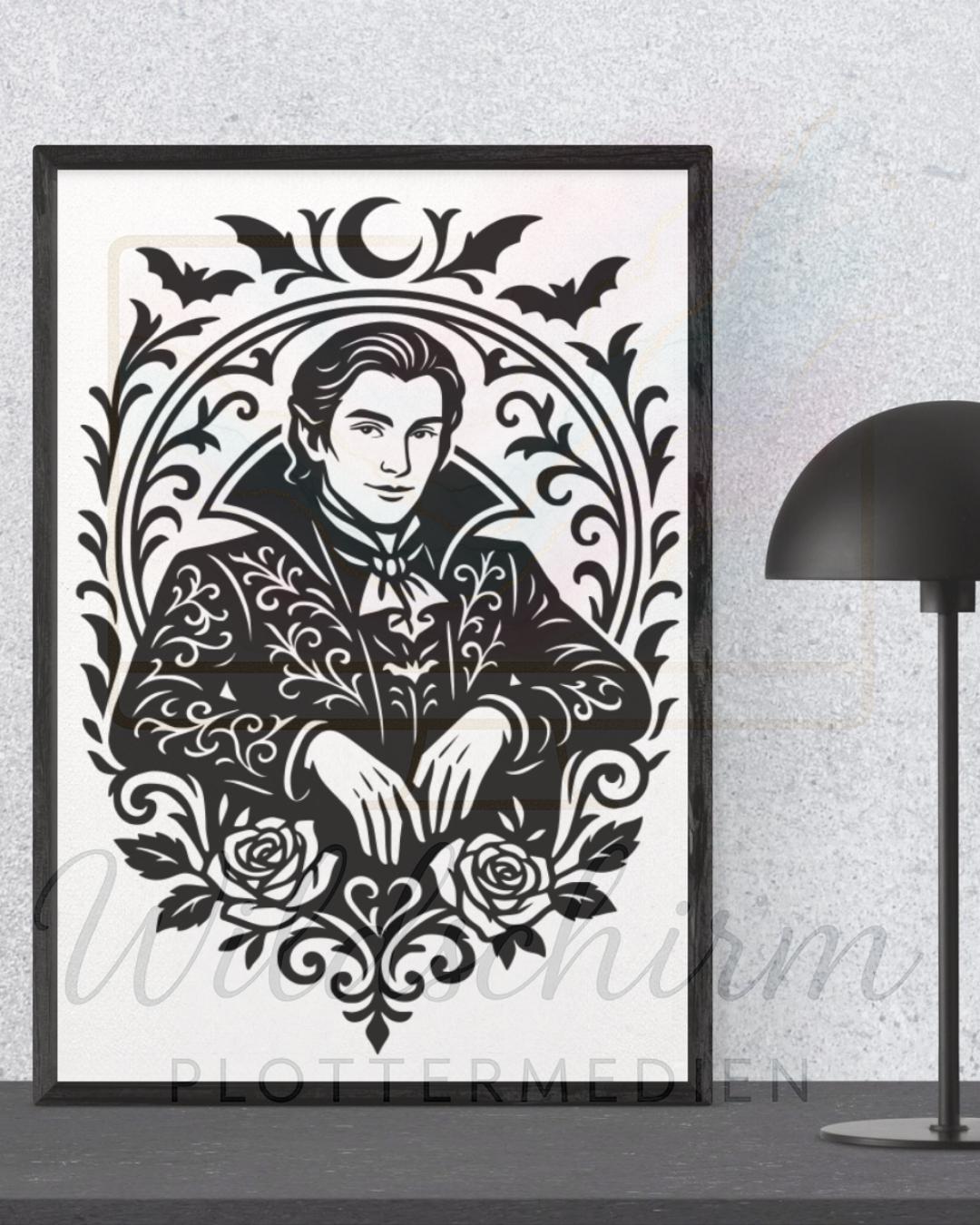 Gothic Vampir Lineart | Eleganter Vampir im Ornamentrahmen | SVG PNG Plotterdatei | Dark Romance | Halloween Deko
