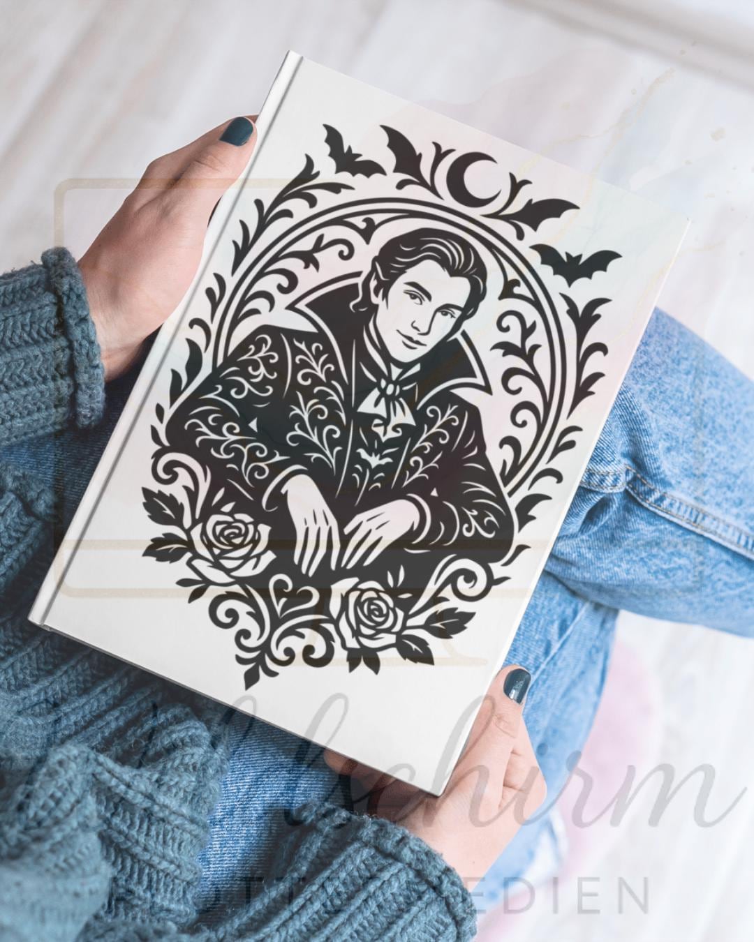 Gothic Vampir Lineart | Eleganter Vampir im Ornamentrahmen | SVG PNG Plotterdatei | Dark Romance | Halloween Deko