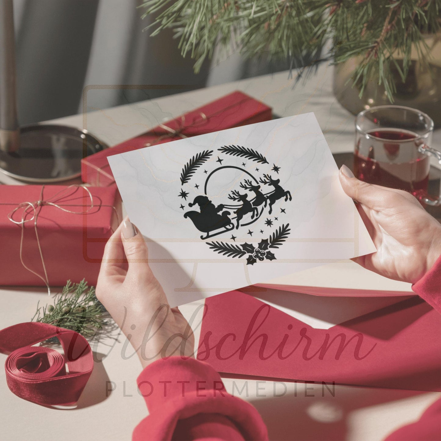 Plotterdatei Weihnachten – Schlitten mit Rentieren & Weihnachtsmann | Christmas SVG Santa Sleigh Reindeer DXF PNG
