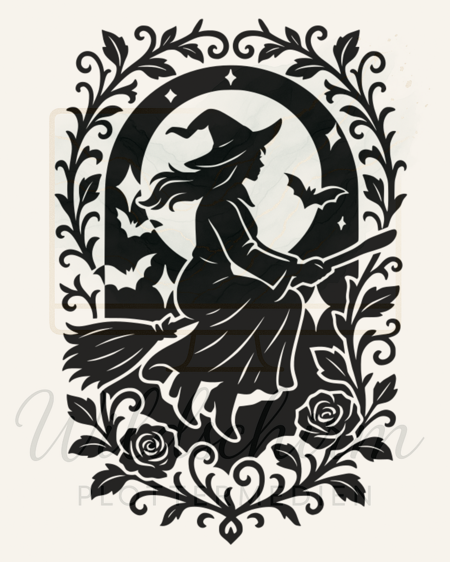 Die fliegende Hexe im Mondschein – Gothic Silhouette Witch