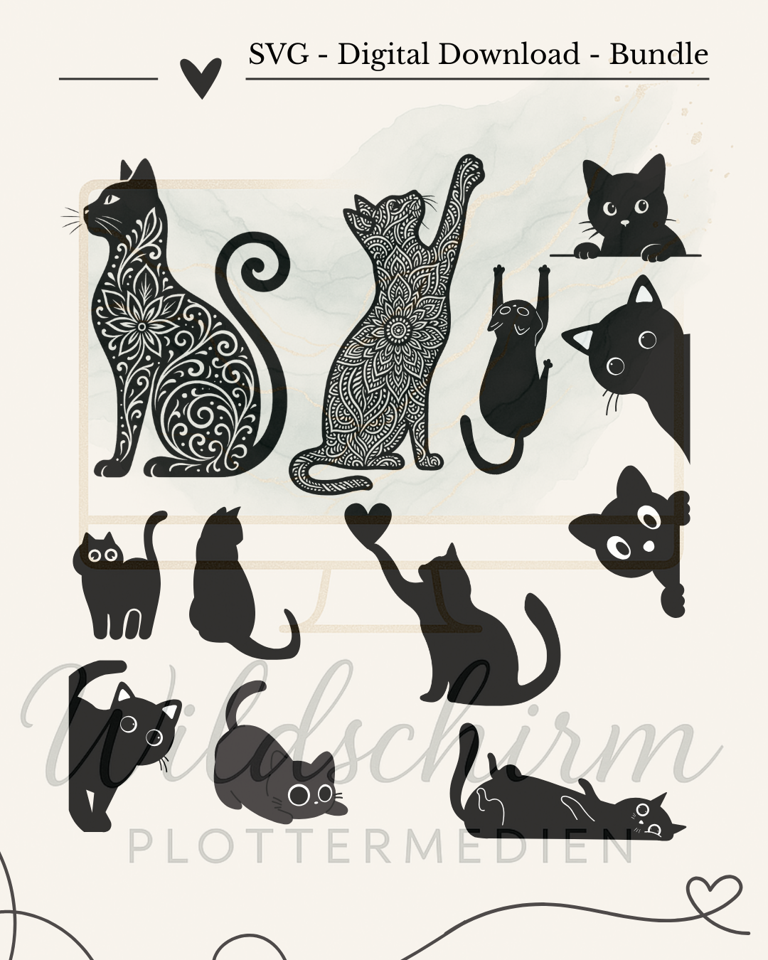 Plotterdatei Katzen Bundle – spielende, neugierige und ornamentale Katzen in Schwarzweiß, digitaler Download