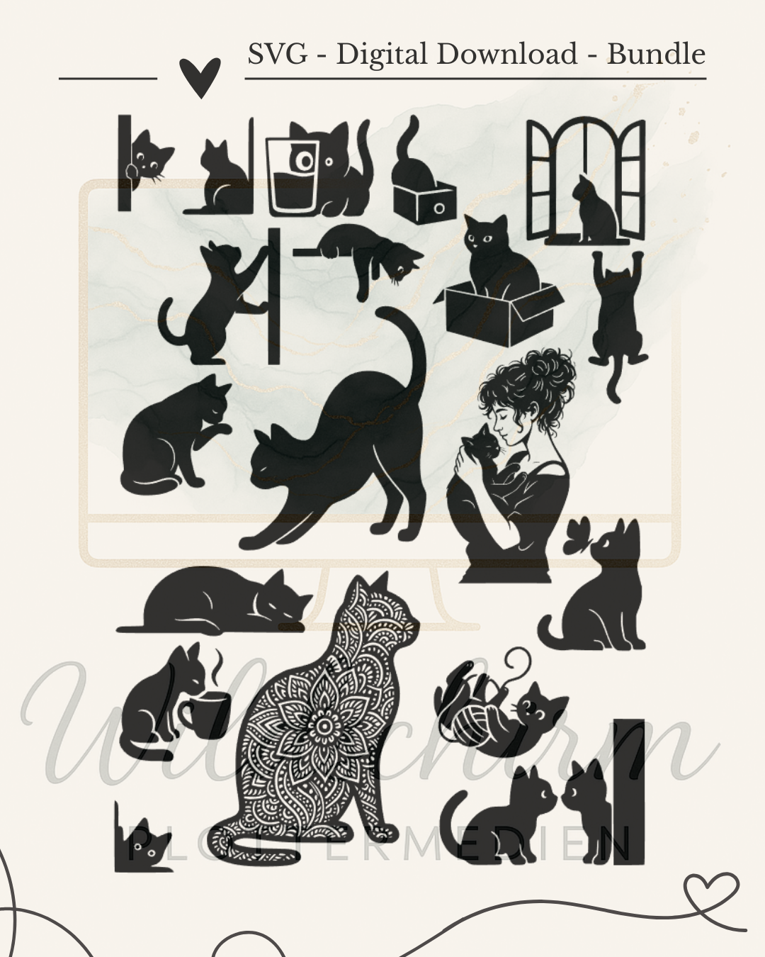 Katzen-Bundle SVG – handgezeichnete Katzen-Motive in verschiedenen Posen, Wildschirm Design