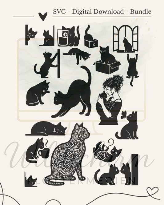 Katzen-Bundle SVG – handgezeichnete Katzen-Motive in verschiedenen Posen, Wildschirm Design