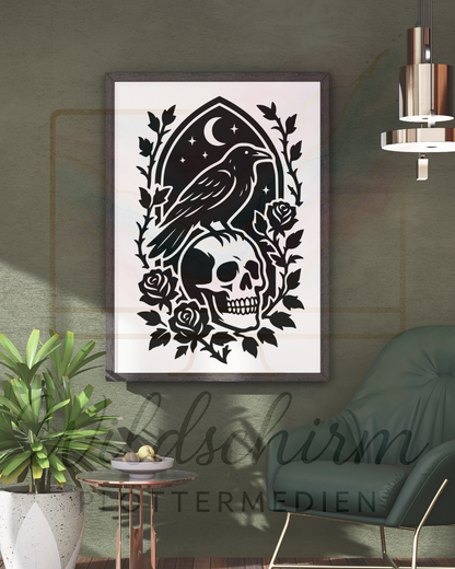 Rabe & Schädel – Gothic Silhouette mit Rosen & Mond