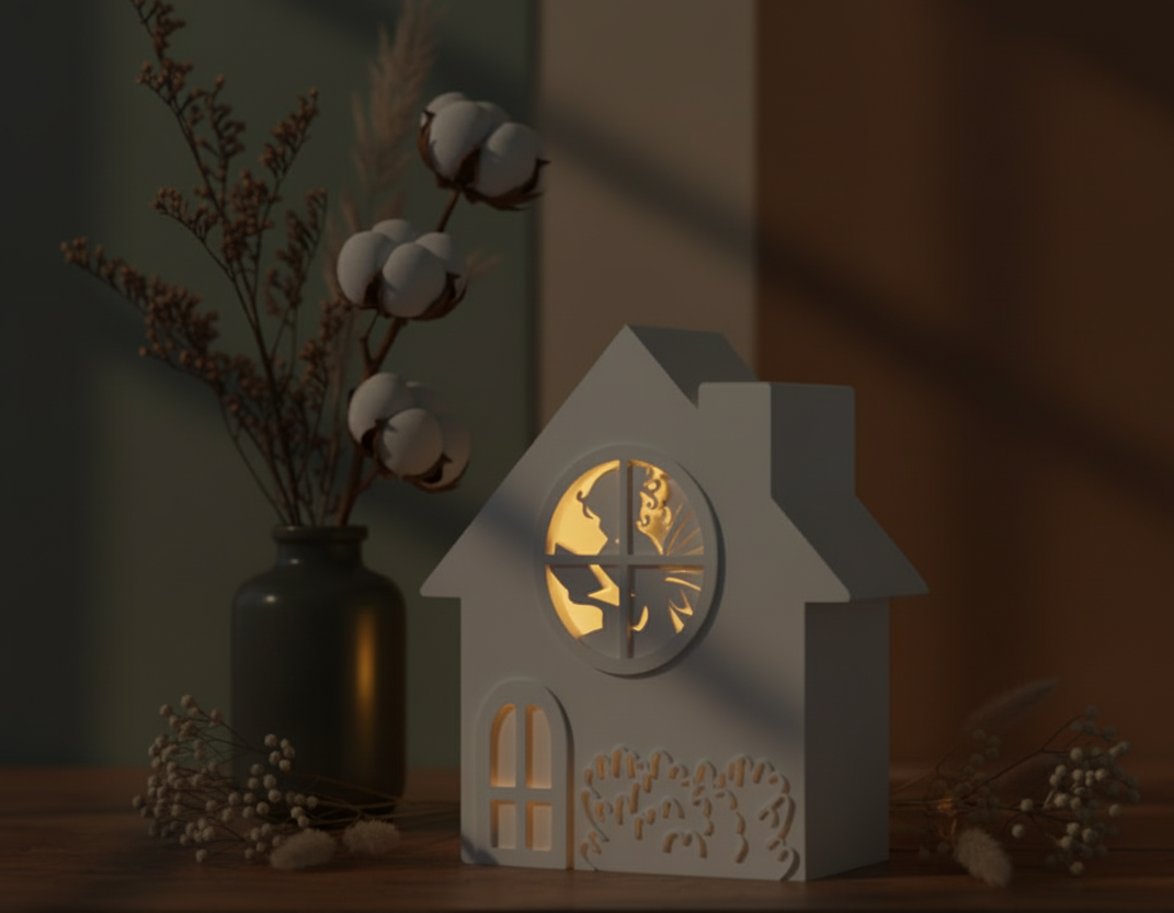 Weißes 3D gedrucktes Feenhaus mit LED-Teelicht, das warm durch ein rundes Fenster mit Feensilhouette scheint. Das Dekohaus steht auf einem Holzbrett, umgeben von sanfter Abendstimmung.