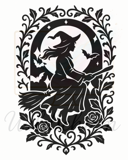 Die fliegende Hexe im Mondschein – Gothic Silhouette Witch