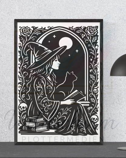 Die Hexe am Fenster – Mystische Silhouette mit Katze & Mond