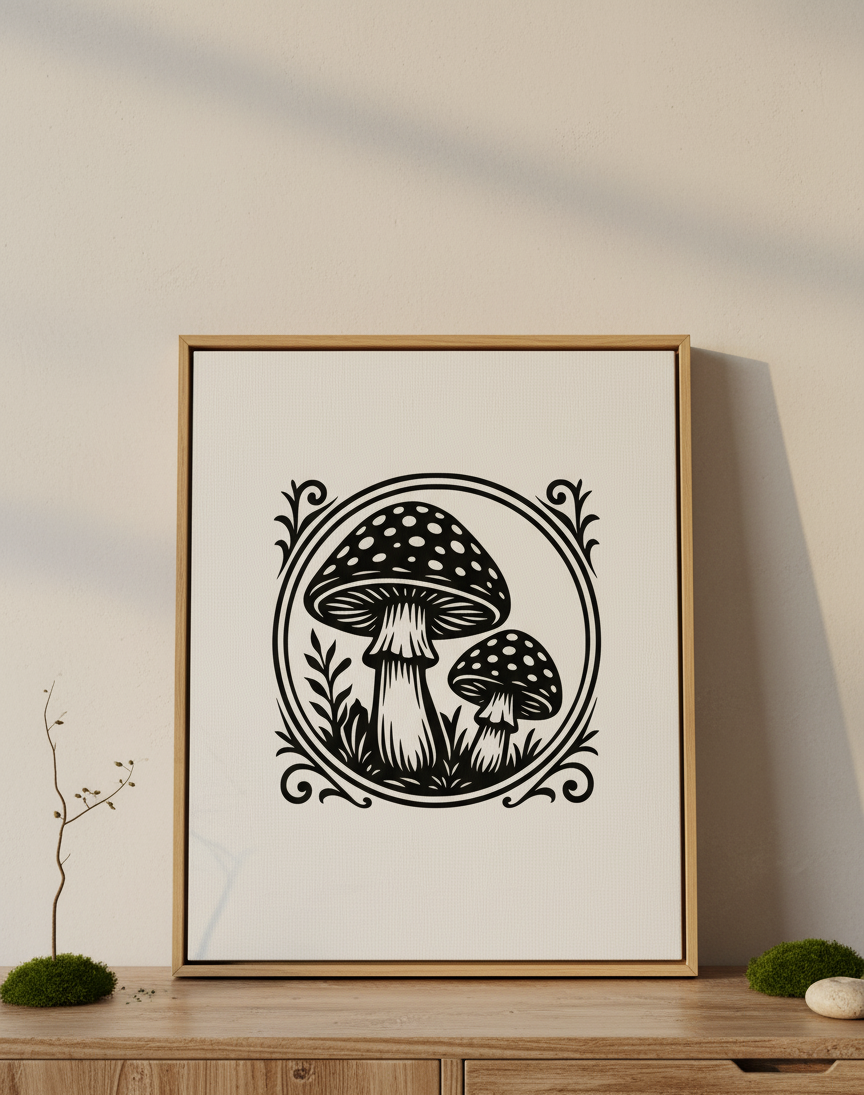 Schwarz-weiße Linienzeichnung von zwei Pilzen mit Punkten auf den Kappen, umgeben von einem dekorativen Kreis und Pflanzenmotiven.