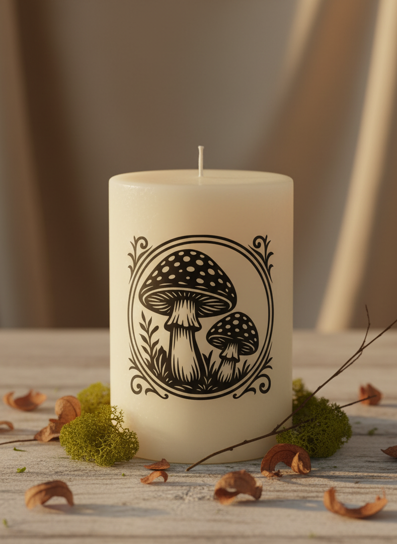 Zylindrische weiße Kerze mit schwarz-weißem Pilzmotiv, umgeben von Moos und getrockneten Blättern auf Holzuntergrund.