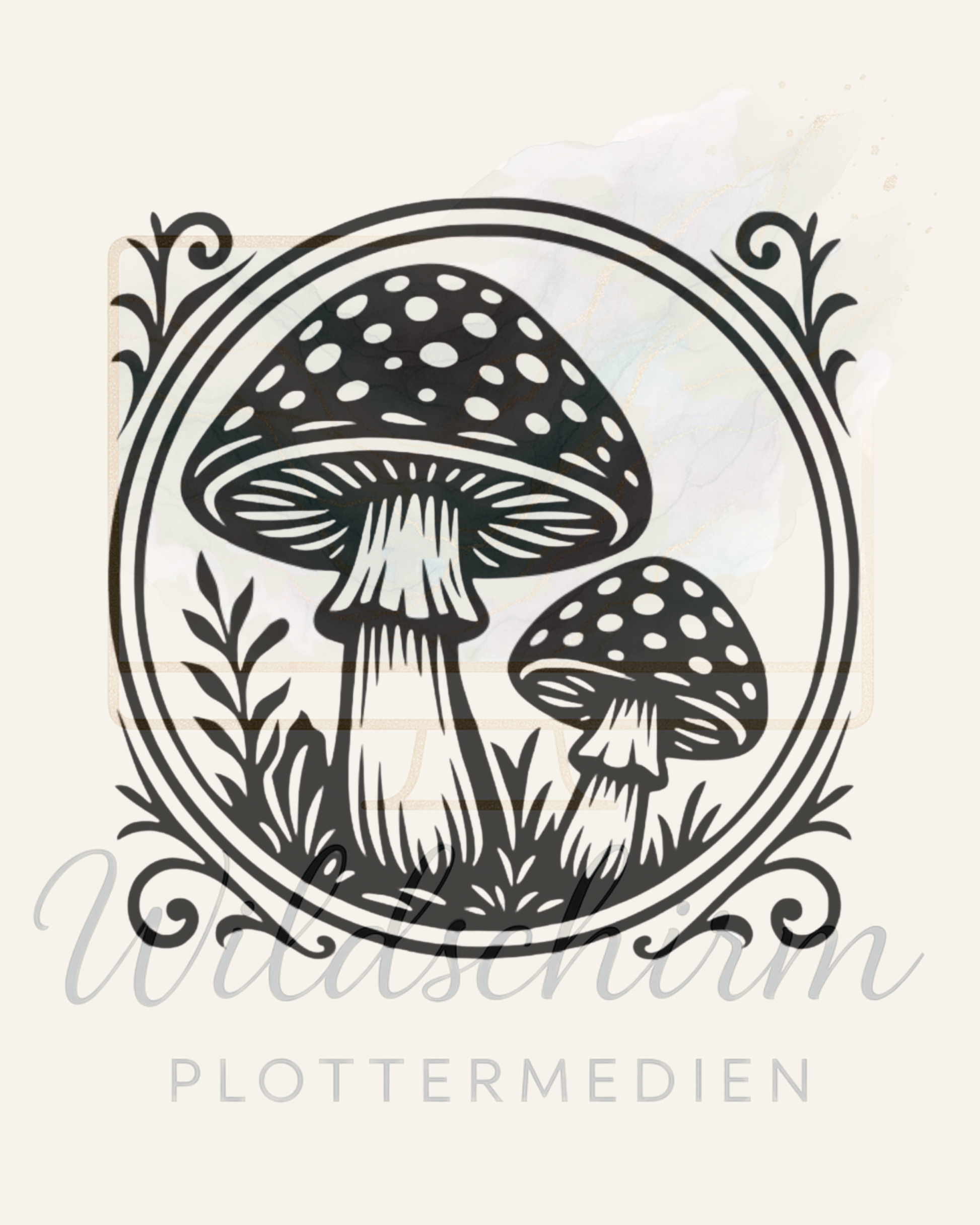 Schwarz-weiße Linienzeichnung von zwei Pilzen mit Punkten auf den Kappen, umgeben von Pflanzen und einem dekorativen Kreisrahmen.