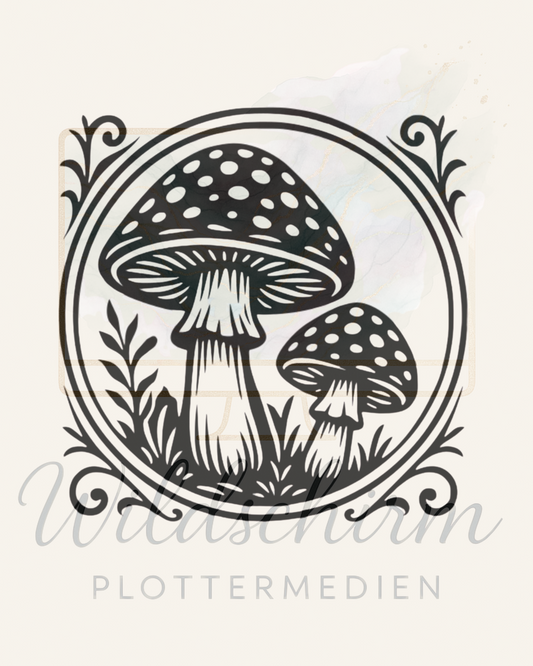 Schwarz-weiße Linienzeichnung von zwei Pilzen mit Punkten auf den Kappen, umgeben von Pflanzen und einem dekorativen Kreisrahmen.