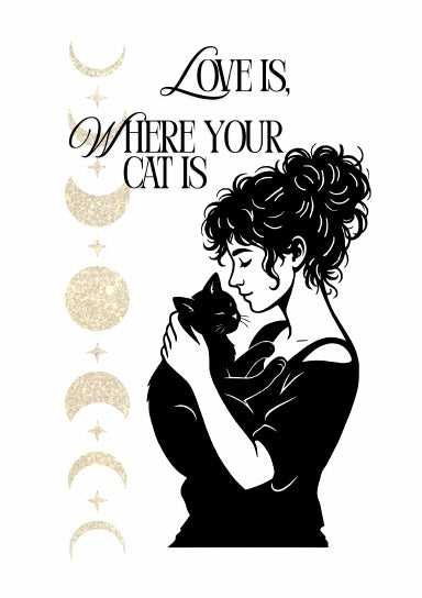 Book Cover mit titel, einer frau die eine schwarze kuschelt und ästhetische mond symbolik in gold 