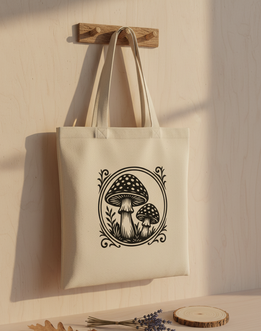 Beige Stofftasche mit schwarzem Pilzmotiv, hängend an einem Holzbrett an der Wand.