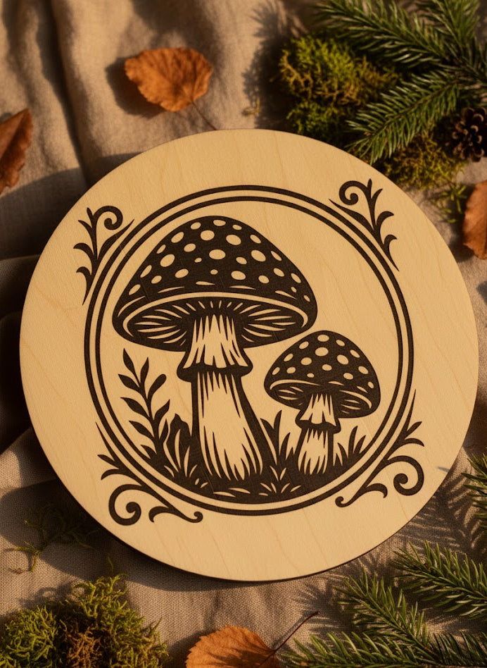 Rundes Holzbrett mit schwarz-weißer Illustration zweier Fliegenpilze in einem dekorativen Rahmen mit Pflanzenmotiven.