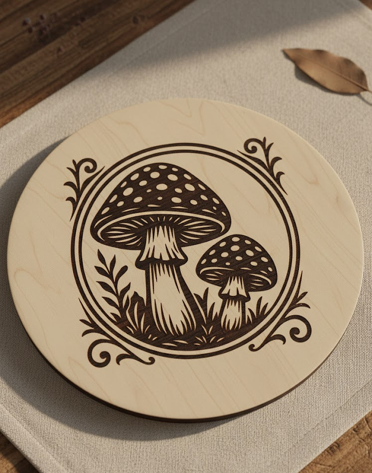 Rundes Holzbrett mit Gravur zweier Pilze mit Punkten auf den Kappen, umgeben von Pflanzenornamenten.