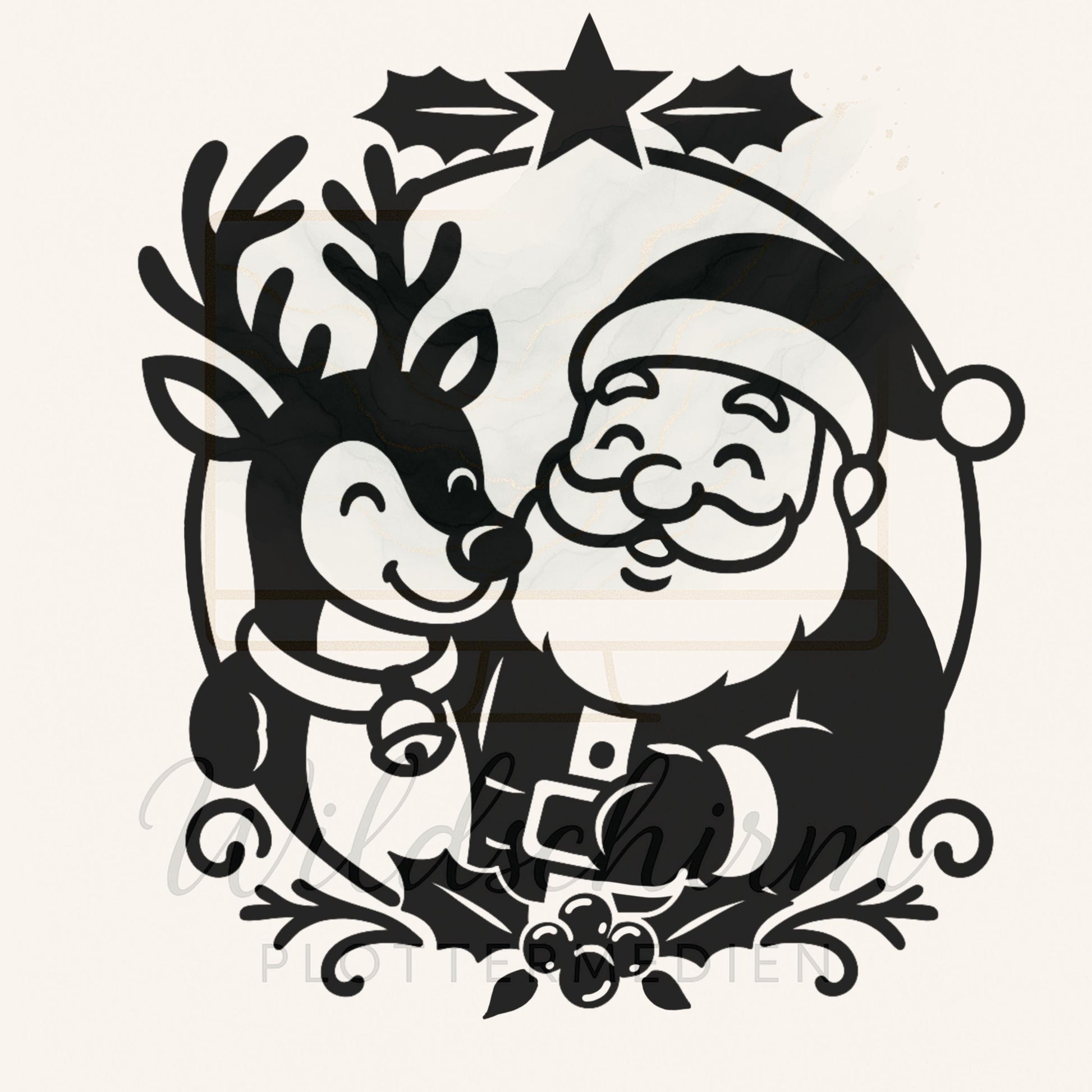 Plotterdatei Weihnachten – Weihnachtsmann mit Rentier & Stern | Santa Claus Reindeer Christmas SVG DXF PNG