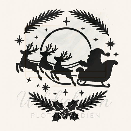 Schwarz-weiße Linienzeichnung von Weihnachtsmann im Schlitten, gezogen von drei fliegenden Rentieren, umgeben von Sternen und Tannenzweigen mit Beeren.