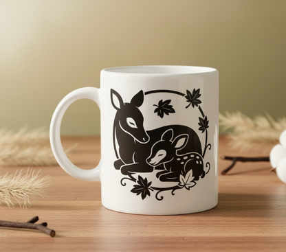 Weiße Tasse mit schwarz-weißem Motiv zweier Rehe, umgeben von Blättern und Ranken, auf Holzuntergrund.