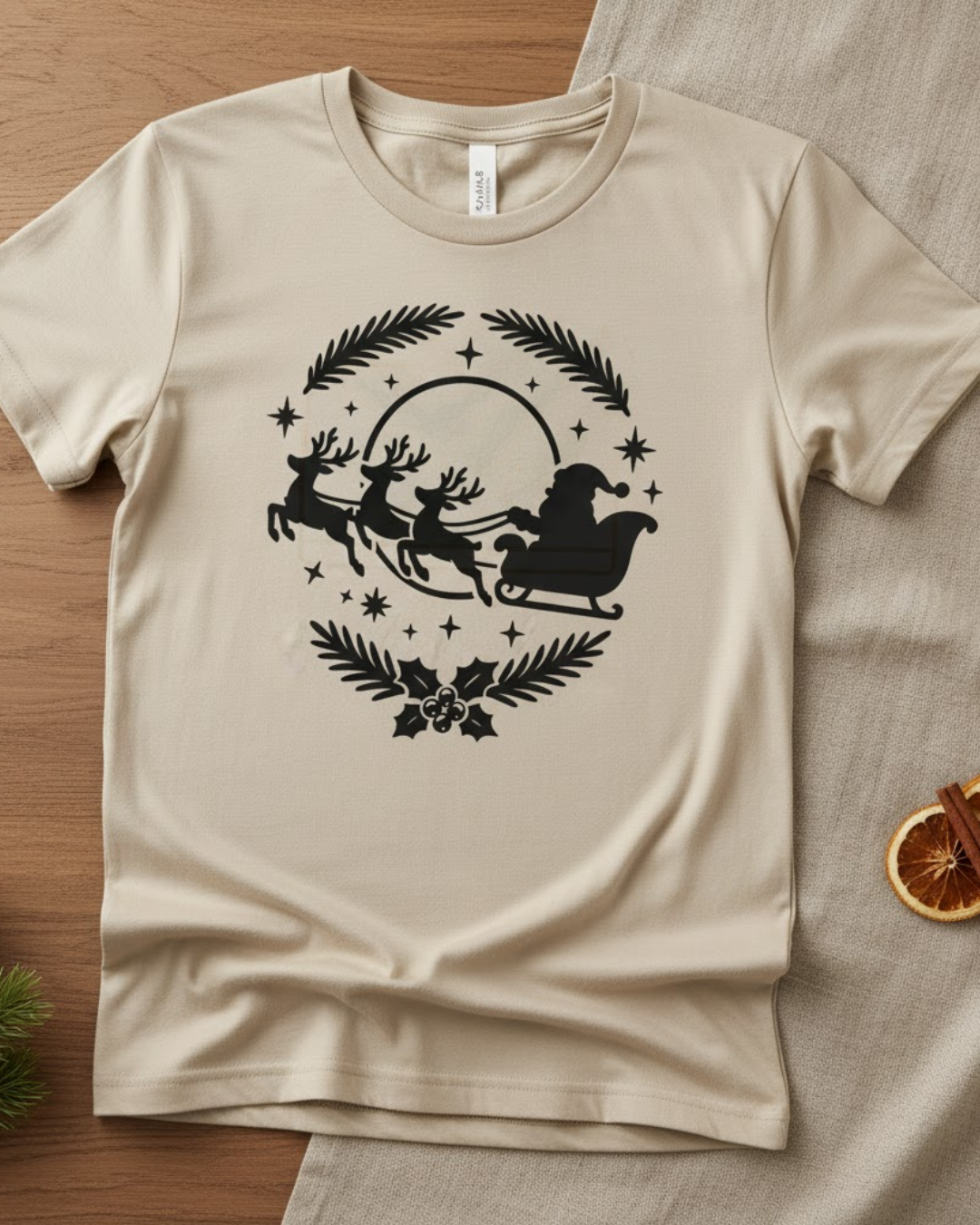 Beiges T-Shirt mit schwarzem Motiv von Weihnachtsmann im Schlitten, gezogen von drei Rentieren, umgeben von Sternen und Zweigen.