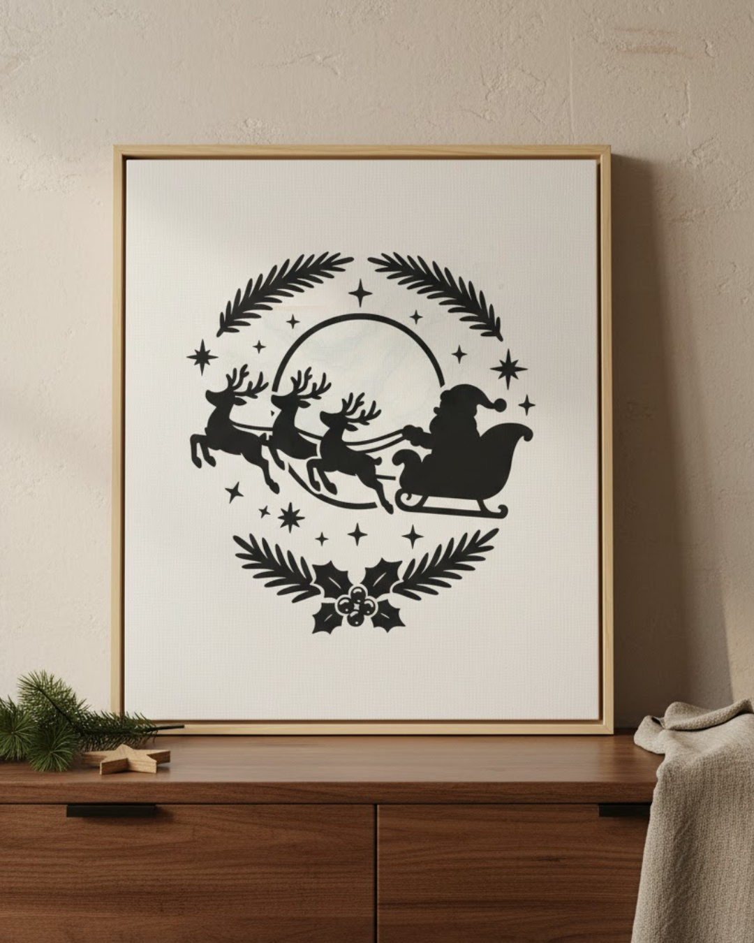 Schwarz-weiße Illustration von Weihnachtsmann im Schlitten, gezogen von drei Rentieren, umgeben von Sternen und Tannenzweigen.