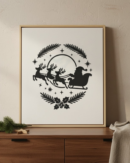 Schwarz-weiße Illustration von Weihnachtsmann im Schlitten, gezogen von drei Rentieren, umgeben von Sternen und Tannenzweigen.