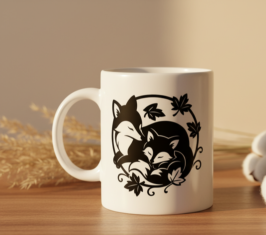 Weiße Tasse mit schwarz-weißem Motiv zweier sich aneinander schmiegender Füchse, umgeben von Blättern in einem Kreis.