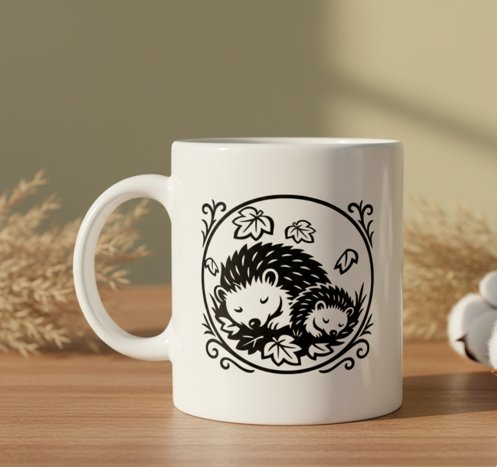 Weiße Tasse mit schwarzer Linienzeichnung von zwei Igeln, umgeben von Blättern in einem runden Rahmen.