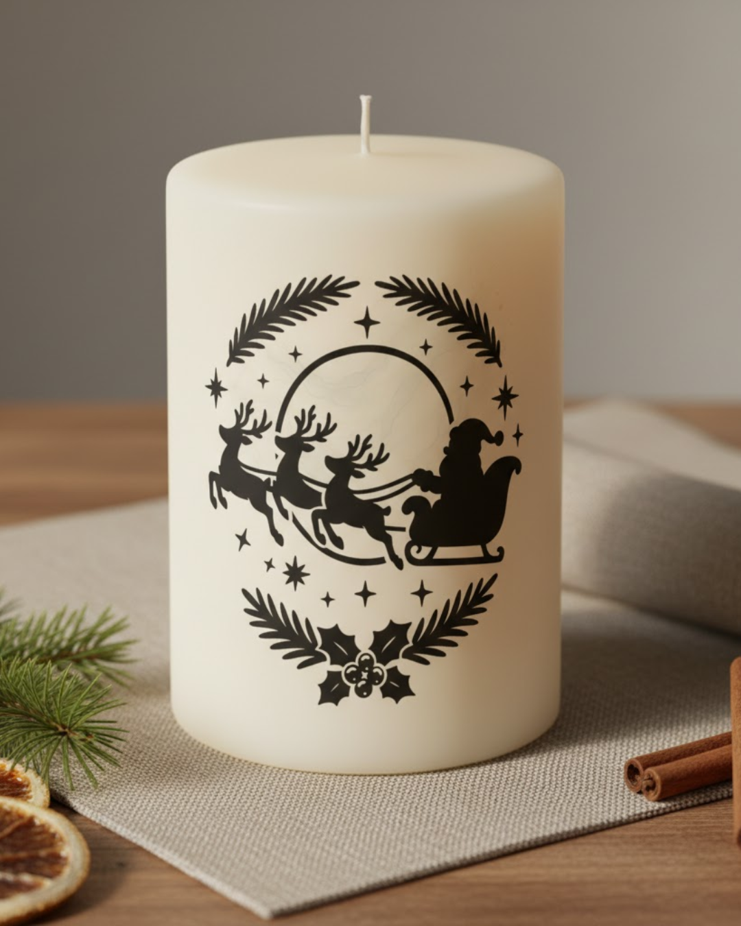 Weiße Stumpenkerze mit schwarzem Motiv von Weihnachtsmann im Schlitten, gezogen von drei Rentieren, umgeben von Tannenzweigen und Sternen.