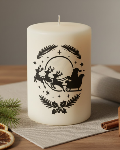 Weiße Stumpenkerze mit schwarzem Motiv von Weihnachtsmann im Schlitten, gezogen von drei Rentieren, umgeben von Tannenzweigen und Sternen.