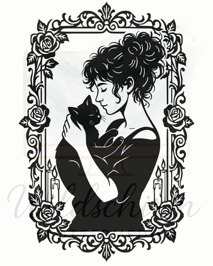 eine detailansicht von der plotterdatei. frau mit schwarzer katze auf dem arm 