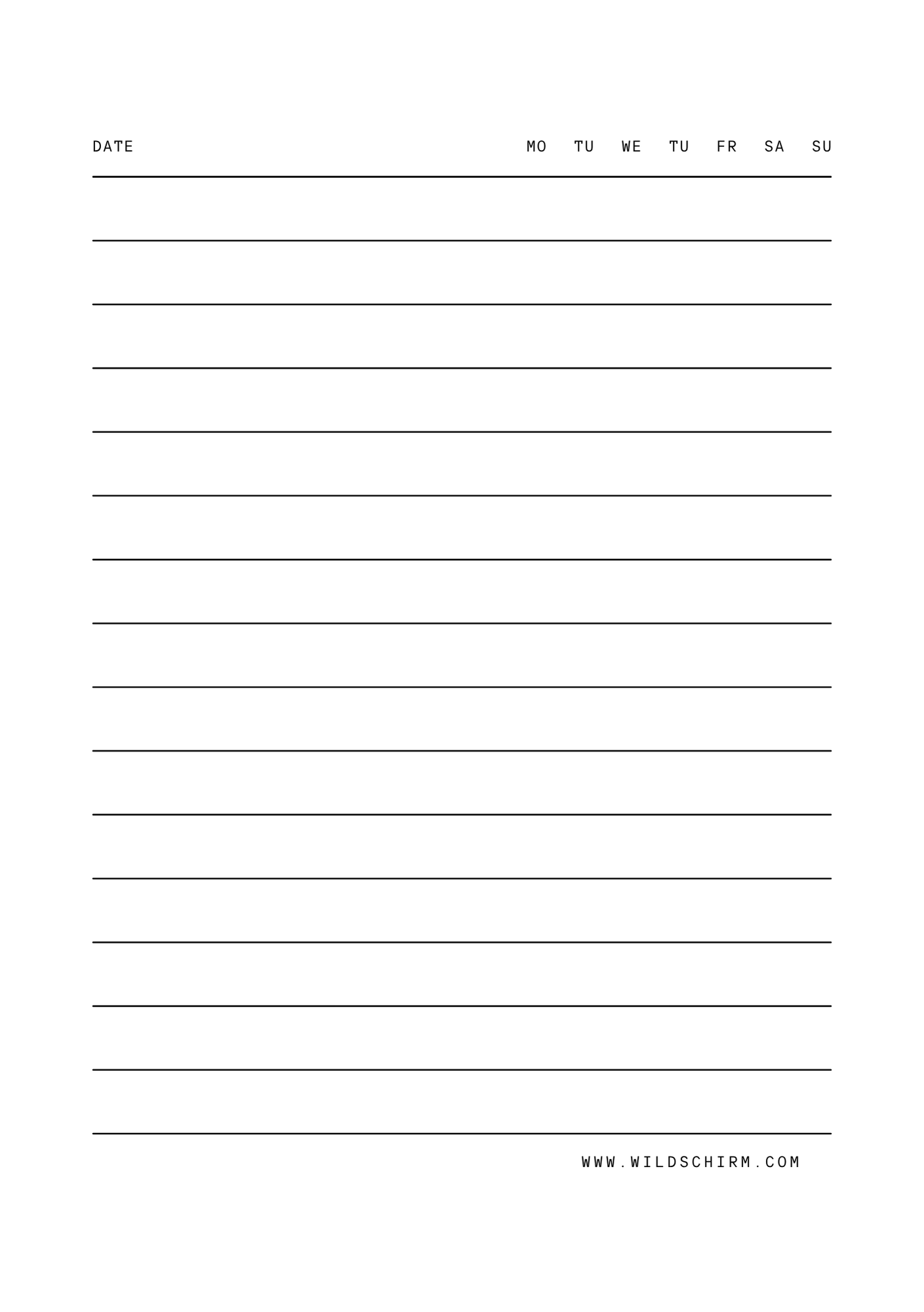 A blank weekly planner with labeled columns for date, Monday to Sunday, and horizontal lines for notes or tasks.