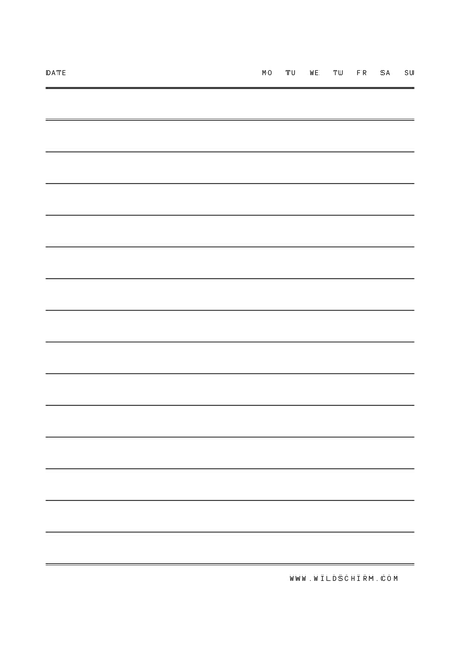 A blank weekly planner with labeled columns for date, Monday to Sunday, and horizontal lines for notes or tasks.