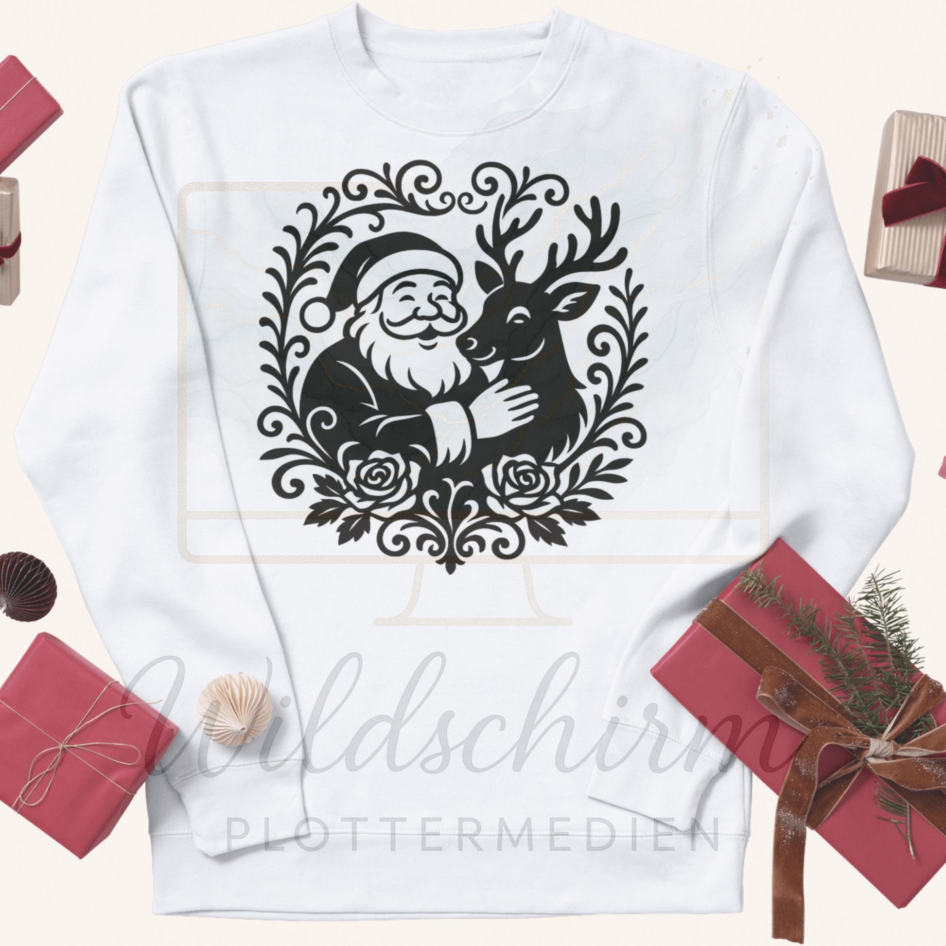Plotterdatei Weihnachten – Weihnachtsmann mit Rentier | Santa Claus Reindeer auf weißem sweater