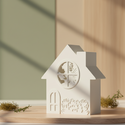 Feenhaus STL – 3D-gedrucktes Haus mit rundem Fenster, warmes LED-Licht, sanfte Abendstimmung, Wildschirm Design