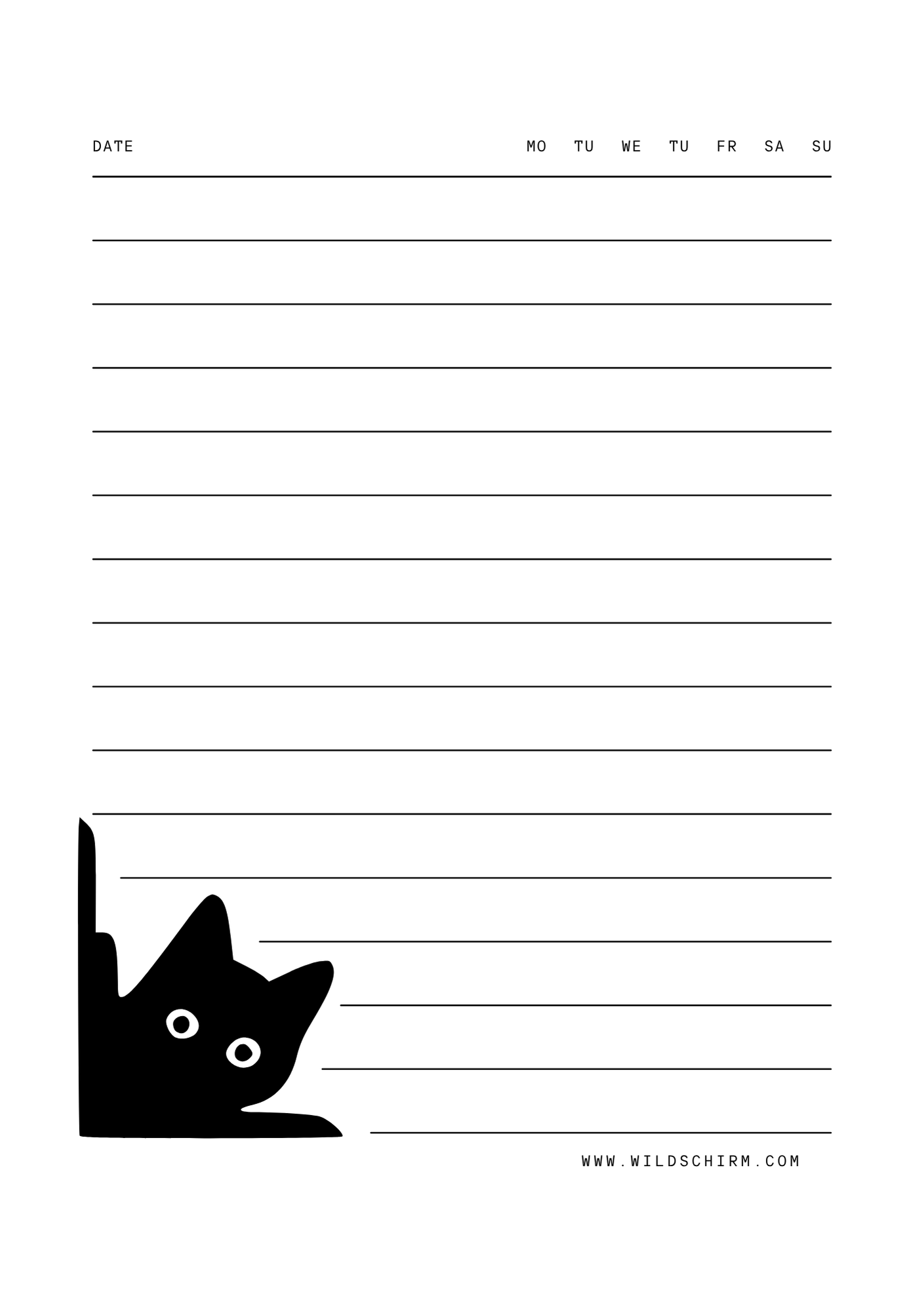 A lined planner page featuring a playful black cat silhouette peeking from the bottom left corner. Simple and minimalist design. cat changes on every site