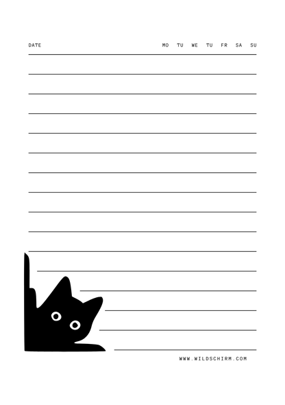 A lined planner page featuring a playful black cat silhouette peeking from the bottom left corner. Simple and minimalist design. cat changes on every site