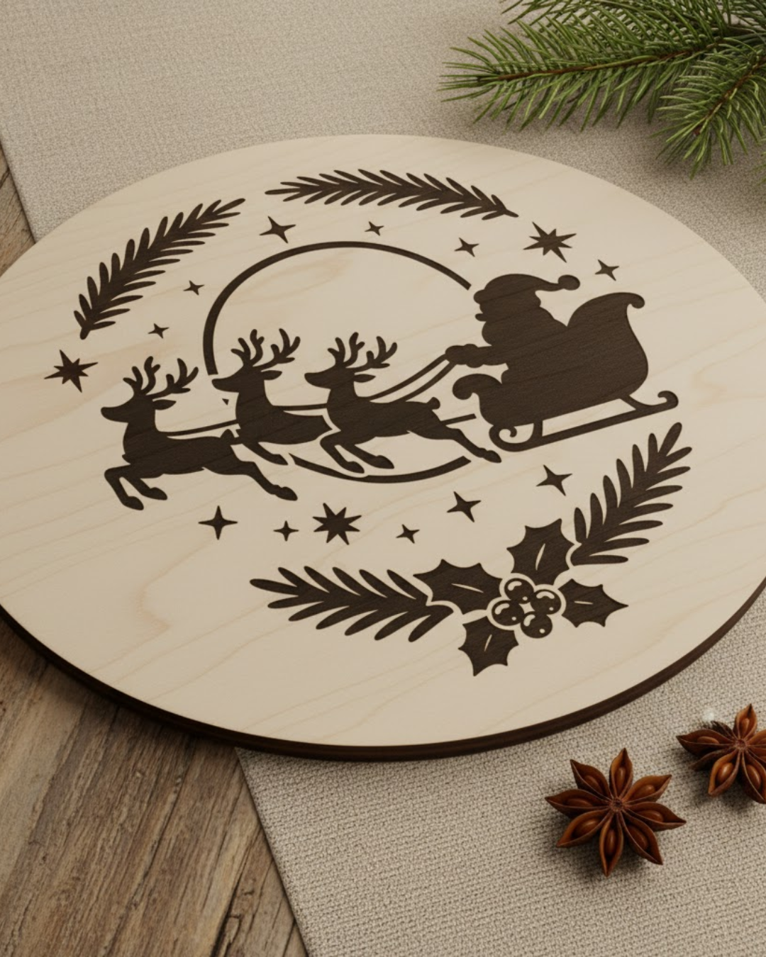 Runde Holzplatte mit schwarz-weißer Silhouette von Weihnachtsmann im Schlitten, gezogen von drei Rentieren, umgeben von Tannenzweigen und Sternen.