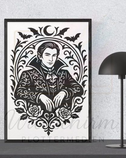 Gothic Vampir Lineart | Eleganter Vampir im Ornamentrahmen | SVG PNG Plotterdatei | Dark Romance | Halloween Deko
