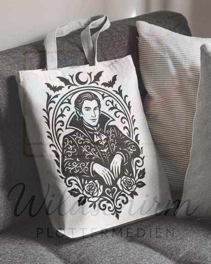 Gothic Vampir Lineart | Eleganter Vampir im Ornamentrahmen | SVG PNG Plotterdatei | Dark Romance | Halloween Deko