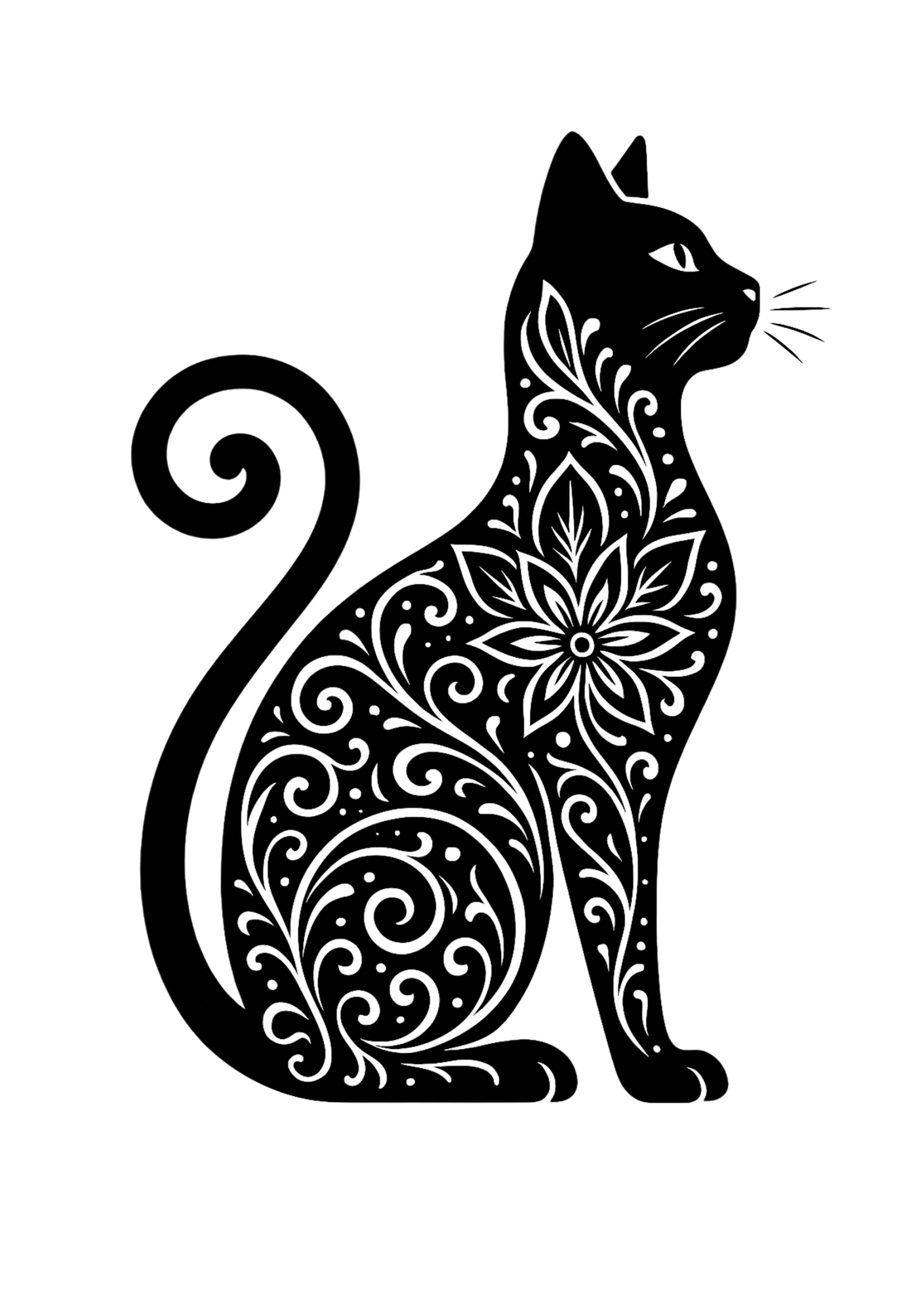 Black silhouette of a sitting cat with intricate white floral and swirl patterns decorating its body and tail, on a plain white background.