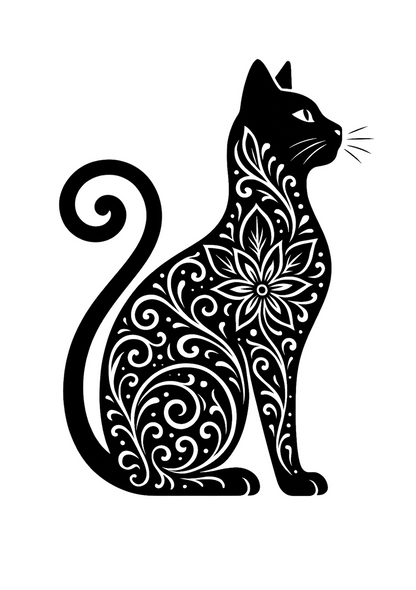 Black silhouette of a sitting cat with intricate white floral and swirl patterns decorating its body and tail, on a plain white background.
