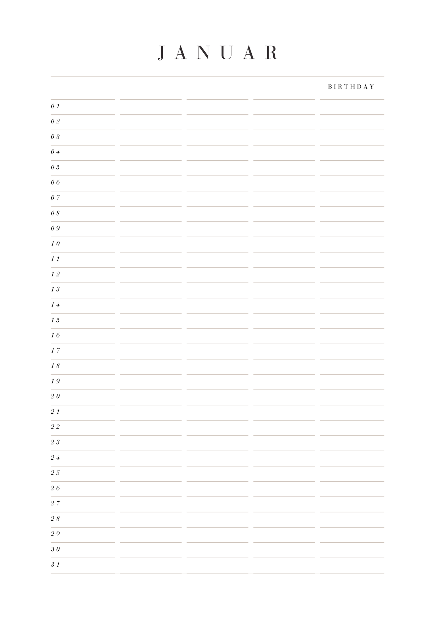 A blank calendar page for January, labeled with a list format for recording birthdays beside each date from the 1st to the 31st.